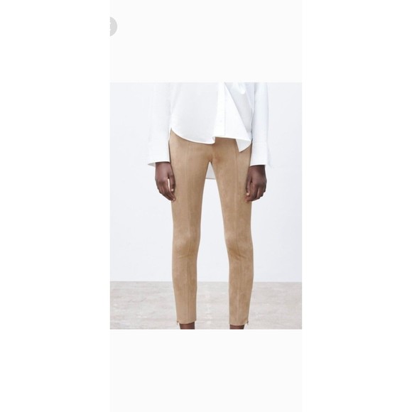 Zara Women Faux Suede Leggins Size Small Color Brown Tan Elastic Waistband Comfy - Picture 13 of 13
